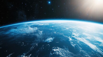 Fototapeta premium A stunning view of Earth from space, showcasing vast oceans and bright clouds under the warm sunlight.