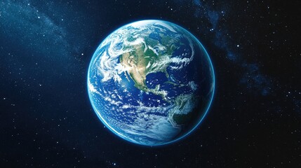 Fototapeta premium A stunning view of Earth, showcasing its natural beauty from space, with vibrant blues and greens against a starry backdrop.