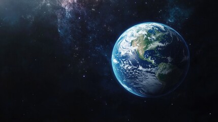 Obraz premium A stunning view of Earth from space, highlighting the vibrant blue oceans and green landmasses against a starry backdrop.