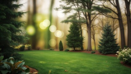 Serene green garden with diverse types of trees around.