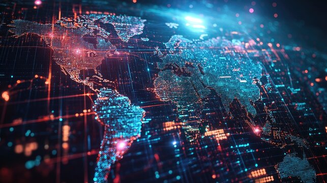 A vibrant digital map of the world showcasing data streams and connections in a technology-driven environment.