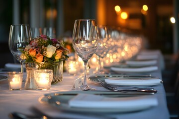 Elegant corporate event venue with sophisticated table settings and ambient lighting, highlighting a professional and upscale atmosphere