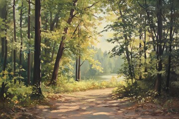 Fototapeta premium Temperate Forest. Tranquil Lakeside Oasis in a Green Broadleaf Grove