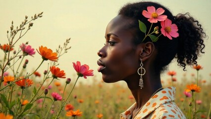 Naklejka premium Abstract portrait of an African young woman with flowers in her hair, on her face