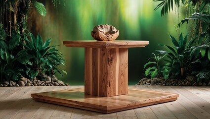 Obraz premium Wooden bowl centerpiece surrounded by lively greenery.