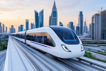 Twilight in a Modern City with a Futuristic Hyperloop Train Transport System