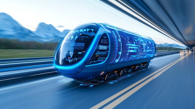 The advanced blue truck is driving along the highway.