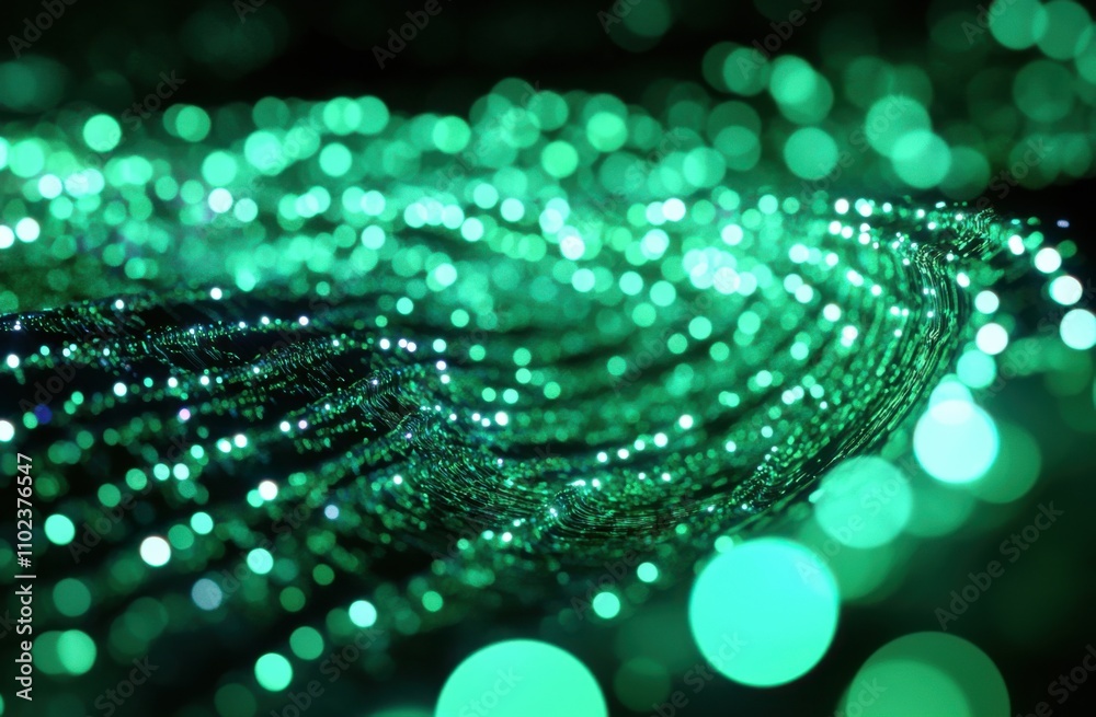 Poster an abstract background of green, glowing bokeh lights and glittering threads, with a dark, black and