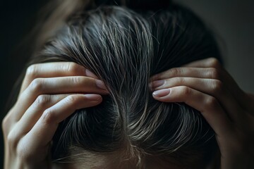 Fototapeta premium Woman's hands parting thinning hair, close-up, neutral color palette