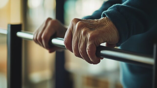 Close-up of elderly hands gripping parallel bars during a walking rehabilitation exercise, highlighting determination and effort in a supportive therapy setting.