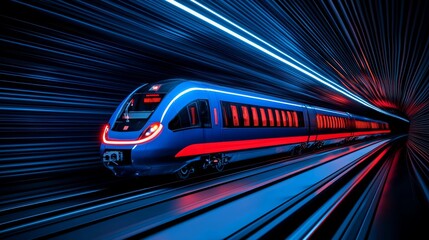 A futuristic hyperloop train zips through a high-tech tunnel, its exterior smooth and streamlined, with a cityscape in the background.