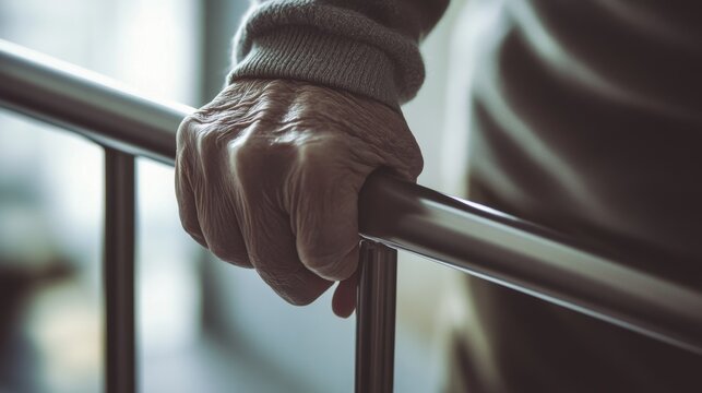 Close-up of elderly hands gripping parallel bars during a walking rehabilitation exercise, highlighting determination and effort in a supportive therapy setting.