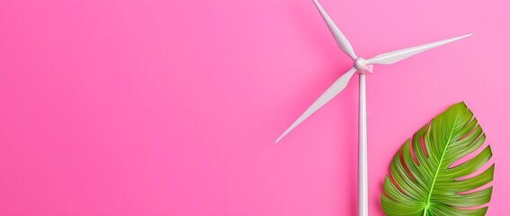 A simple 3D illustration of a white wind turbine against a pastel pink sky, featuring green leaves in the foreground, representing sustainable energy and an eco-conscious future.