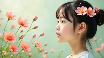 Fototapeta premium Abstract portrait of an Asian young girl with flowers in her hair, on her face