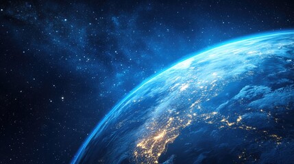A stunning view of Earth from space, showcasing vibrant blue hues and twinkling city lights at night.