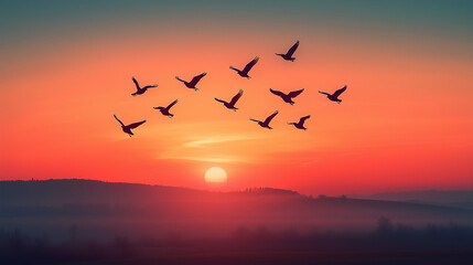 Fototapeta premium Flock of birds flying at sunset over a misty landscape backdrop