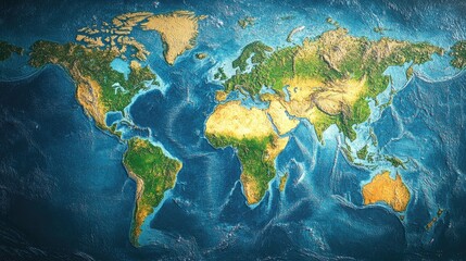 A detailed 3D relief map of the world showcasing diverse landscapes and topography.