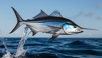 Naklejka premium Capture the dynamic motion of a sailfish as it leaps out of the ocean, its dorsal fin fully extended and shimmering in the sunlight. Focus on the vibrant blue and silver scales of the fish, with water