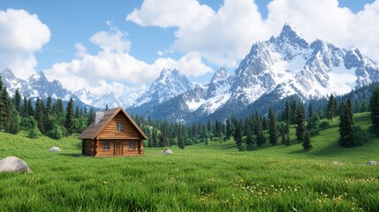 Fototapeta premium Secluded mountain cabin offering a digital detox getaway in a picturesque setting.