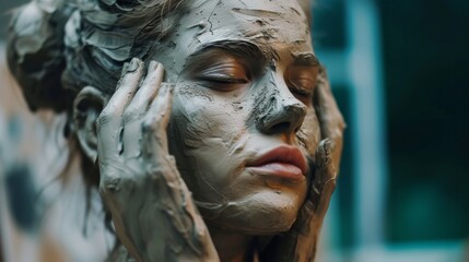 A close-up of a woman with her face and hands covered in clay, exuding calmness and serenity. The earthy tones and soft light create a soothing, natural aesthetic. AI generated.