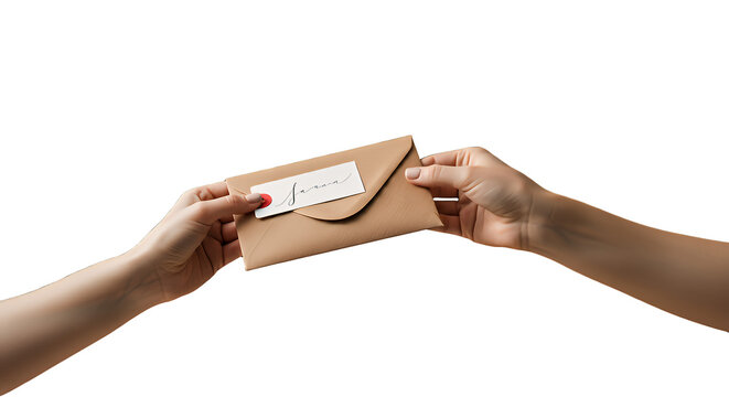 Handing Over a Brown Envelope with a Personalized Tag -  Close-up Shot Against Transparent Background