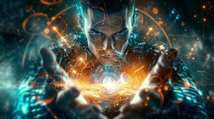 A cyber-enhanced individual channels vibrant energy through digital elements, blending human and robotic features in a glowing cyber environment. AI generated.