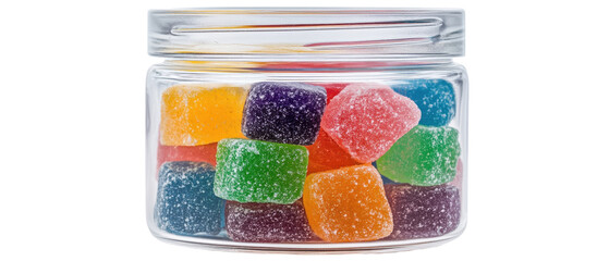 Colorful gummy candies in a glass jar. transparent background