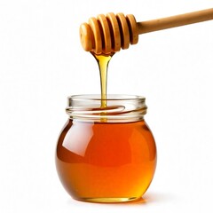 a jar of honey has a wooden spoon in it.