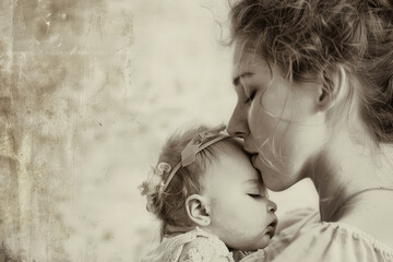 Love of a mother and baby with copy space, mother kiss forehead of baby. Loving mother gently kissing her baby's forehead, Close up portrait of beautiful young mother kissing her newborn baby day.