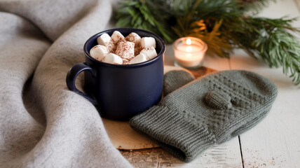 Hot Chocolate in a Blue Mug with Marshmallows and Winter Decor  
