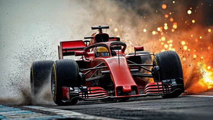 Red Formula One car crashing on the track with sparks and fire. Formula 1 race accident