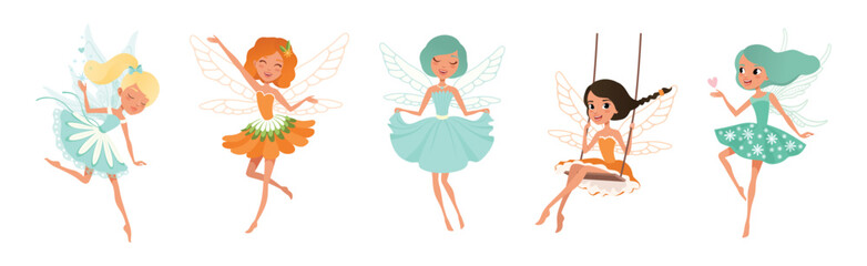 Cute Fairy Girl Flying with Light Wings in Pretty Dress Vector Set
