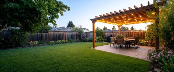 Fototapeta premium Illuminated pergola in a backyard with lush green lawn, patio furniture, and flowering plants.