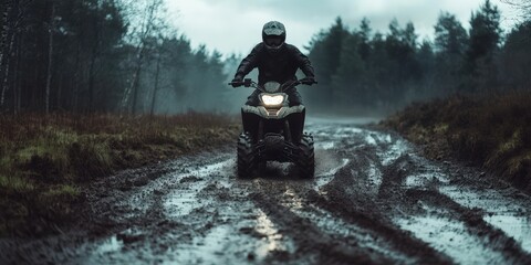 Mud-Splattered ATV Rider in Forest