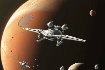 Spaceship in a planetary orbit of a red planet, from the area of SiFi and fantasy