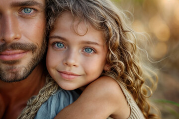 Fototapeta premium Adorable young girl with curly blonde hair and striking blue eyes cuddling with father, showing pure joy and tender family bond in warm natural lighting