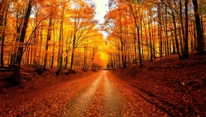 Fototapeta premium A dirt road through a vibrant forest of autumn trees showcases the beauty of fall leaves 