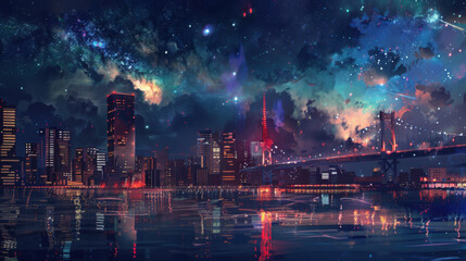 Artificial picture. At night, there is a starry sky above the city with high-rise buildings.