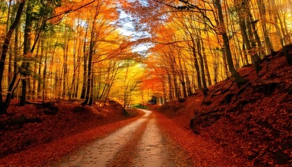 Fototapeta premium A dirt road through a vibrant forest of autumn trees showcases the beauty of fall leaves 