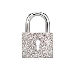Naklejka premium A sparkling silver padlock adorned with shimmering glitter, combining elegance and security in a stylish design. PNG on a transparent background.
