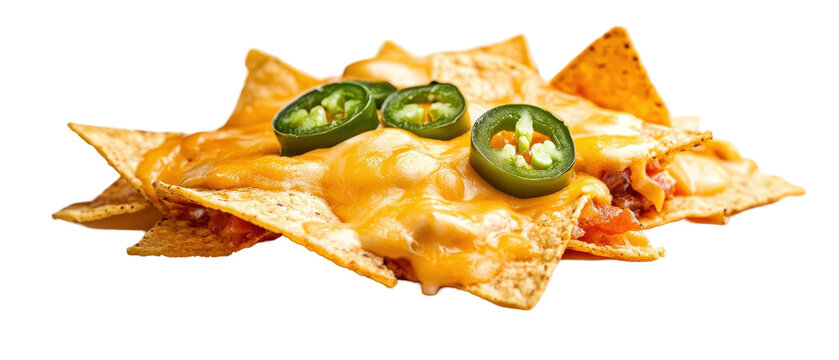 Delicious nachos topped with cheese and jalapenos. transparent background
