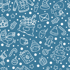 Merry Christmas  and Happy New Year seamless pattern with snowmen and winter elements for textile or wrapping paper. Vector illustration