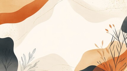 An abstract background featuring soft curves and muted colors with space for text, adorned with delicate plant outlines