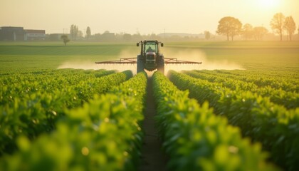 Fototapeta premium An agricultural vehicle working in a green field at sunrise, spraying crops with the early morning light illuminating the landscape. The image highlights farming, technology, and nature.