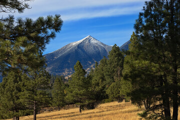 Scenic landscape view of San Francisco Peaks from Flagstaff, Arizona