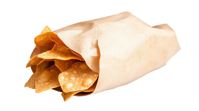 Crispy tortilla chips in a paper wrap. transparent background
