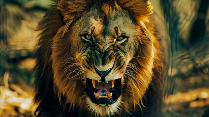 Dark, enraged lion preparing to attack.