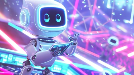 A playful, cartoonish robot interacts with a tablet in a vivid neon world, blending futuristic technology with childlike wonder. AI generated.