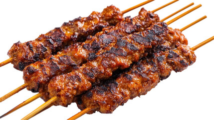 Delicious grilled meat skewers on sticks. transparent background