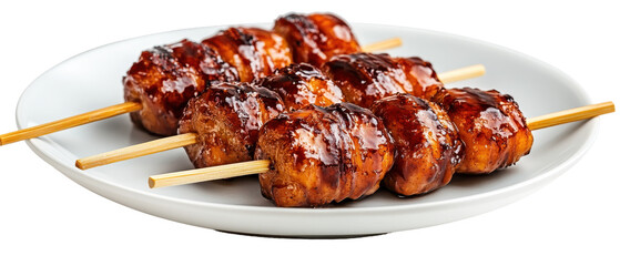 Delicious grilled skewers on a white plate. transparent background